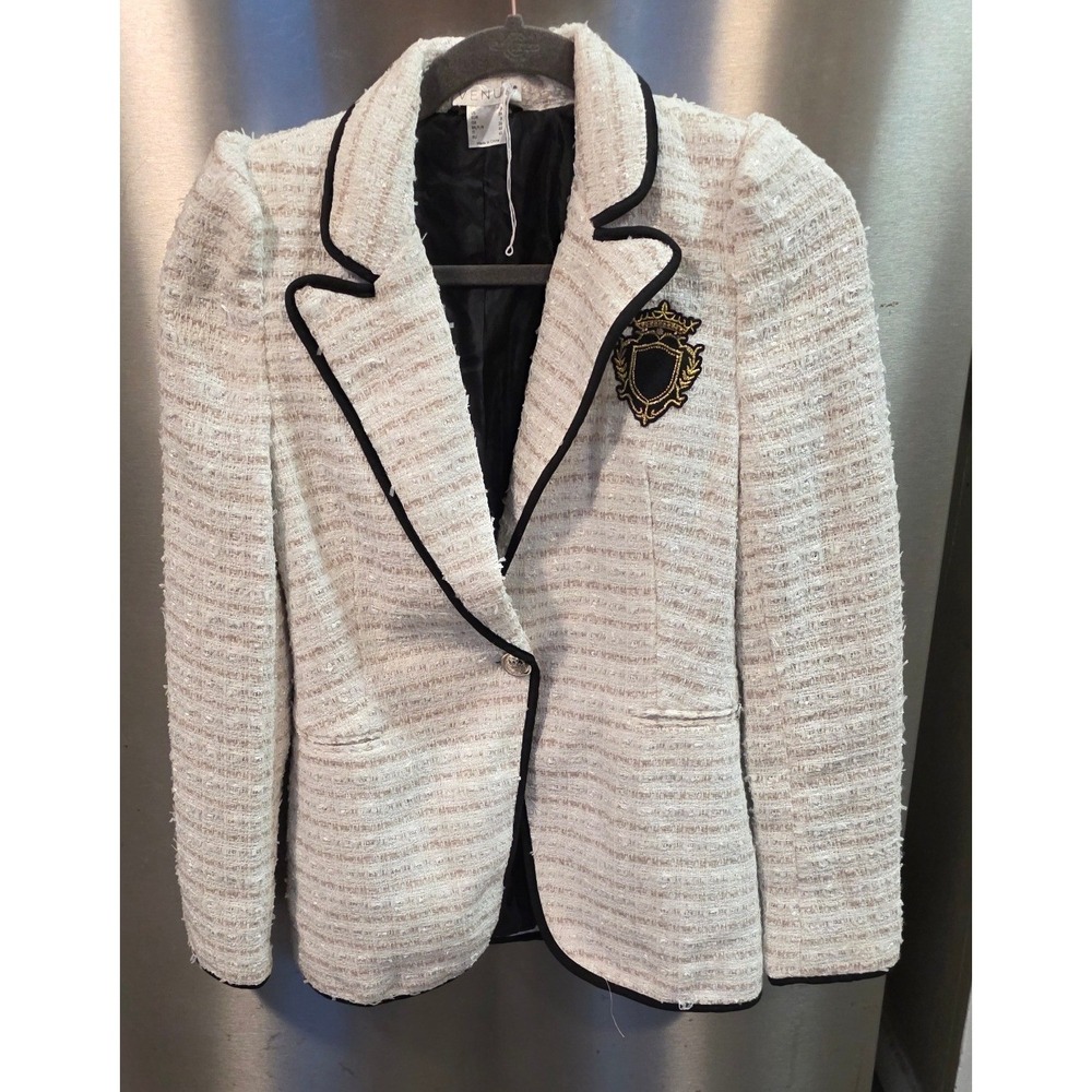 Venus Women 2 Blazer Cream Tweed Crest Button Contrast Trim 647047